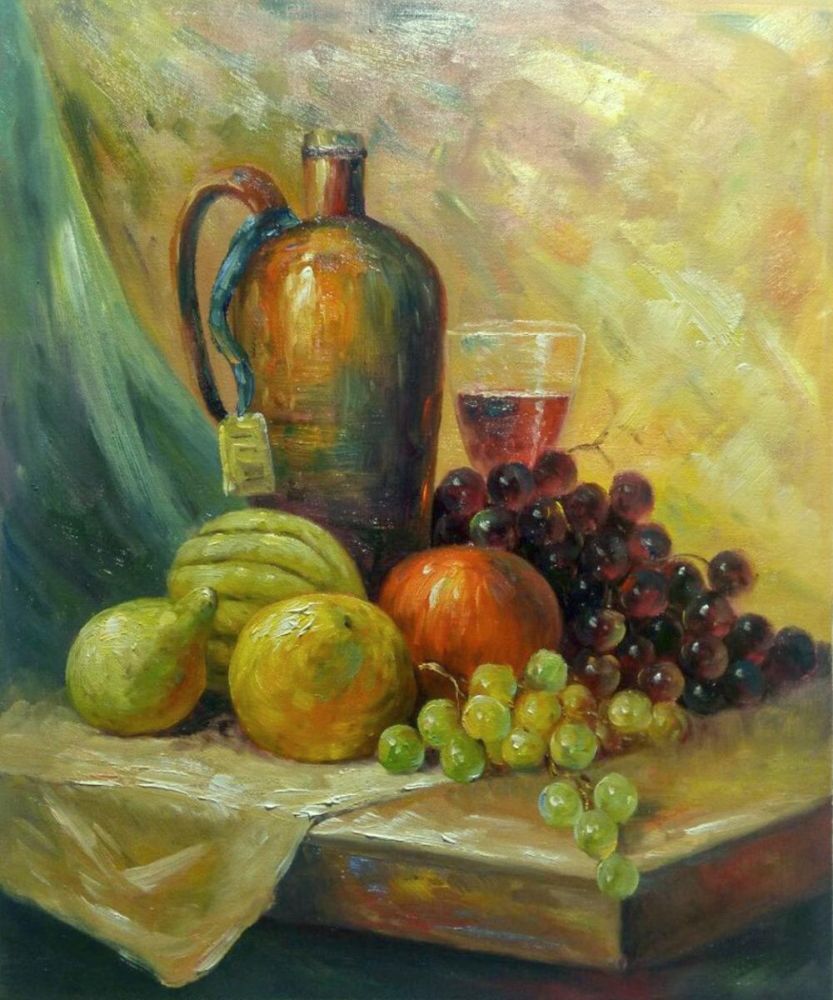 Classic still life oil painting featuring a brown copper jug, a glass of red wine, a pear, citrus fruit, a melon, and bunches of purple and green grapes on a wooden table with draped fabric. Size is 20 by 24 inches (50.8 by 61 cm).