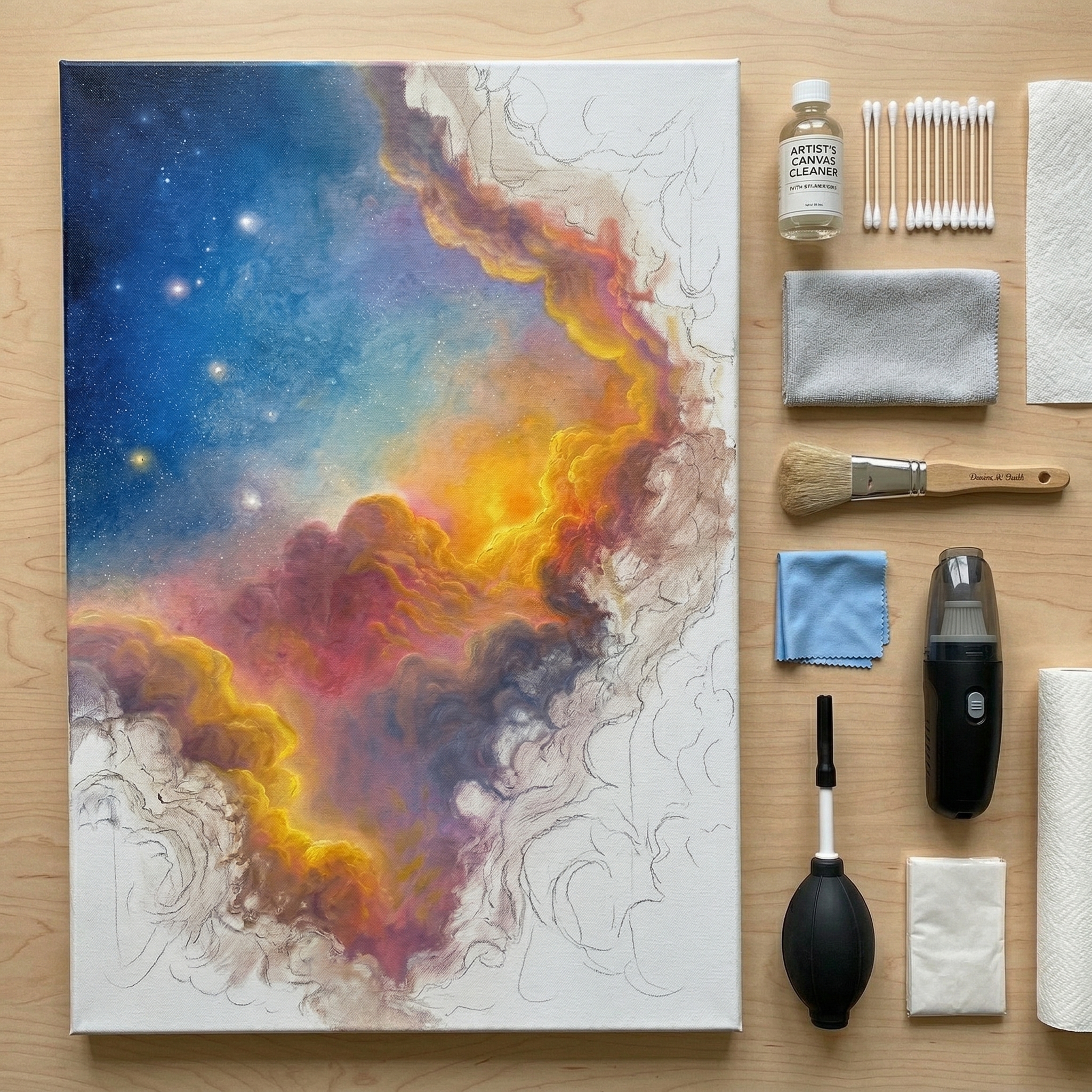 Flat lay of essential oil painting supplies and cleaning tools next to a colorful nebula oil painting on canvas.