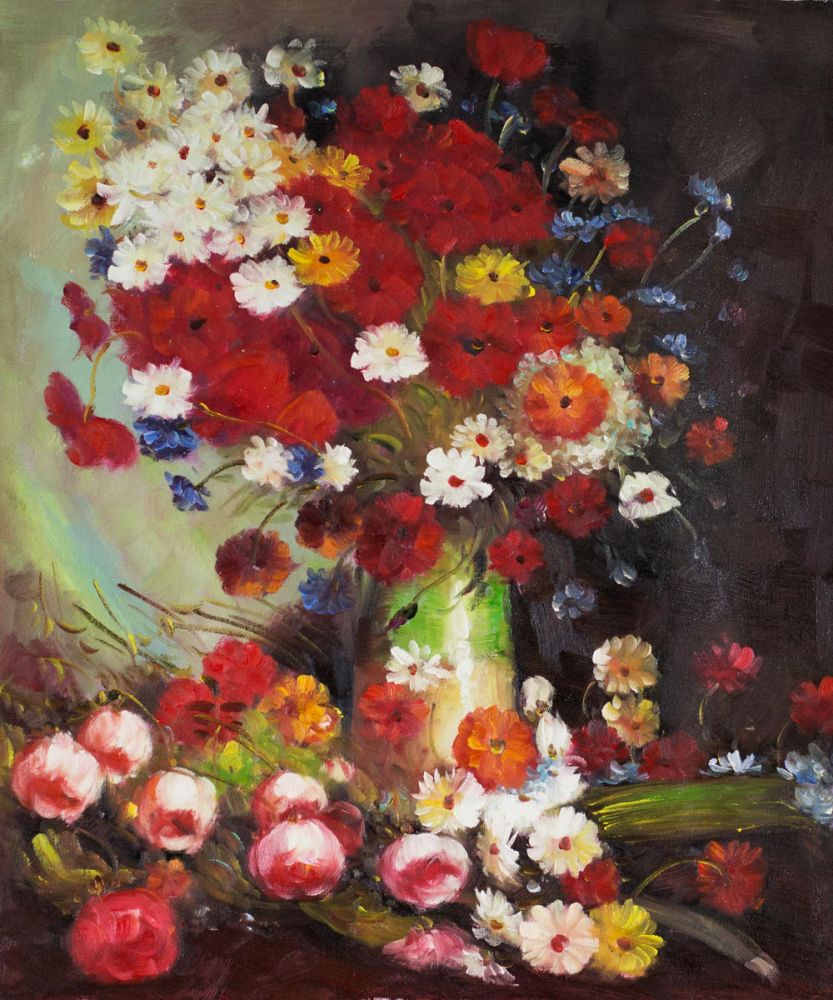 Impasto oil painting of a large classical still life floral bouquet with red, yellow, and white roses in a vase with loose roses below