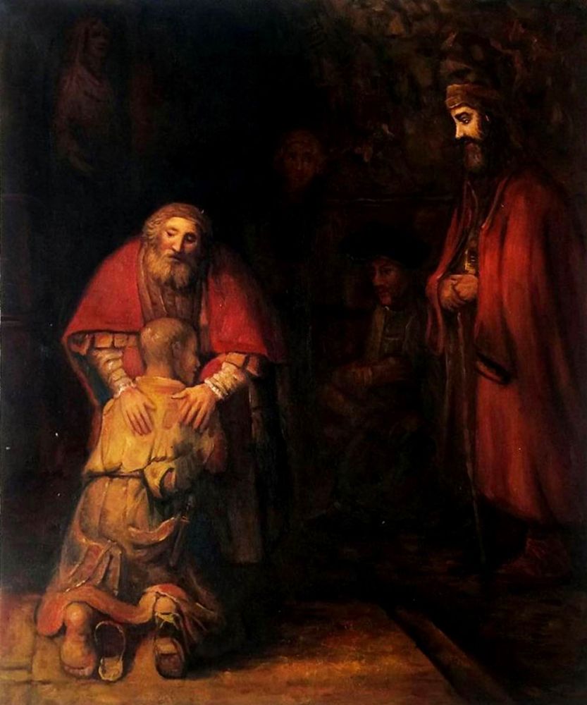 Classic oil painting The Return of the Prodigal Son by Rembrandt.