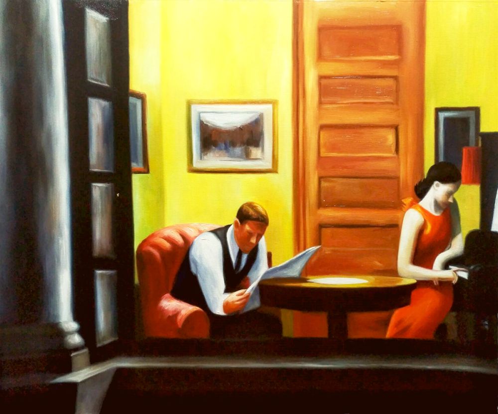 Hand-painted oil painting reproduction of Edward Hopper's Room in New York, classic American realism art.