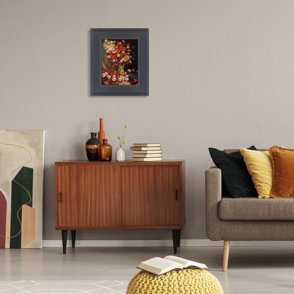 Modern mid-century living room interior design with a teak wood sideboard, a grey sofa with yellow and black pillows, and a framed abstract painting