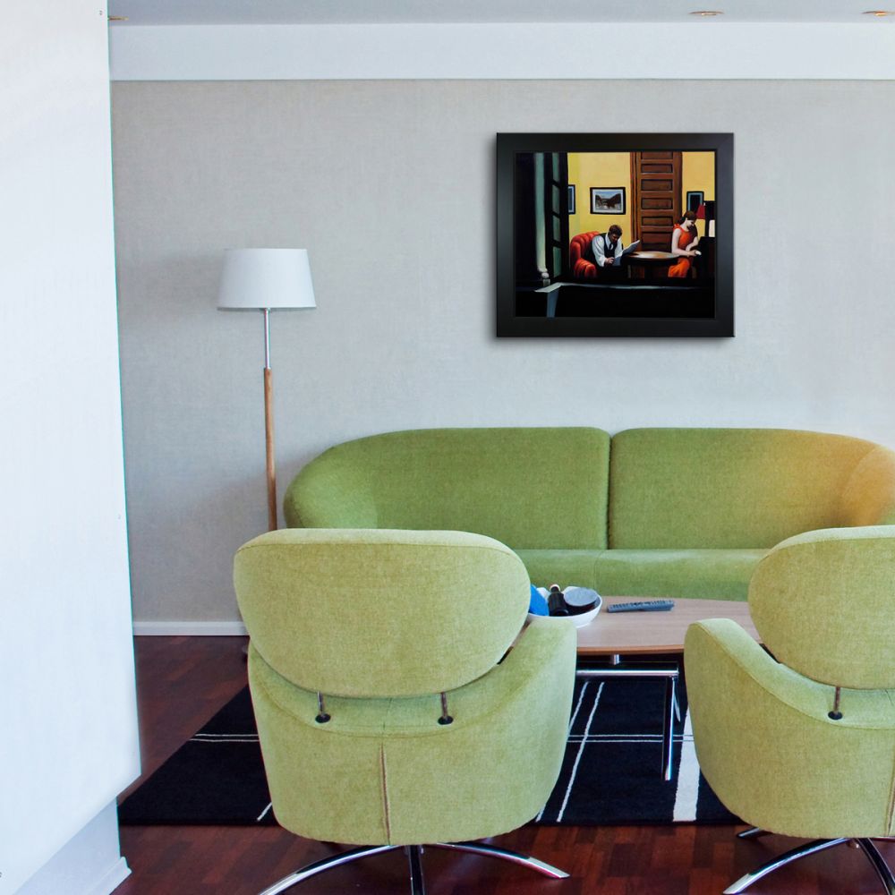 Framed hand-painted oil painting reproduction of Edward Hopper's Room in New York displayed in a modern living room.