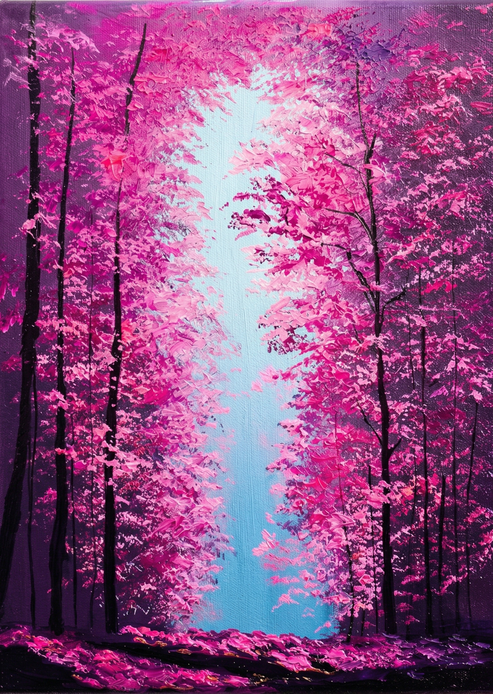 Hand-Painted Pink Forest Landscape Oil Painting Textured Canvas Wall Art - Casso - casso