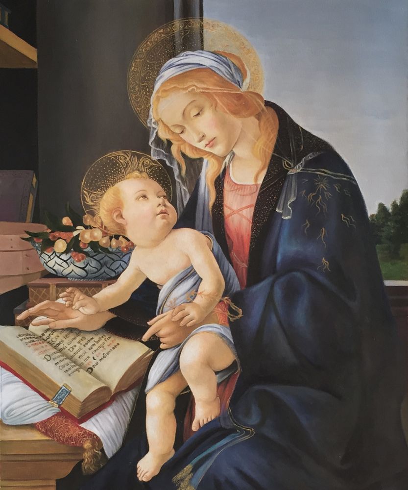 Detailed hand-painted oil painting depicting the Virgin Mary in a blue cloak holding baby Jesus next to an open book and fruit.