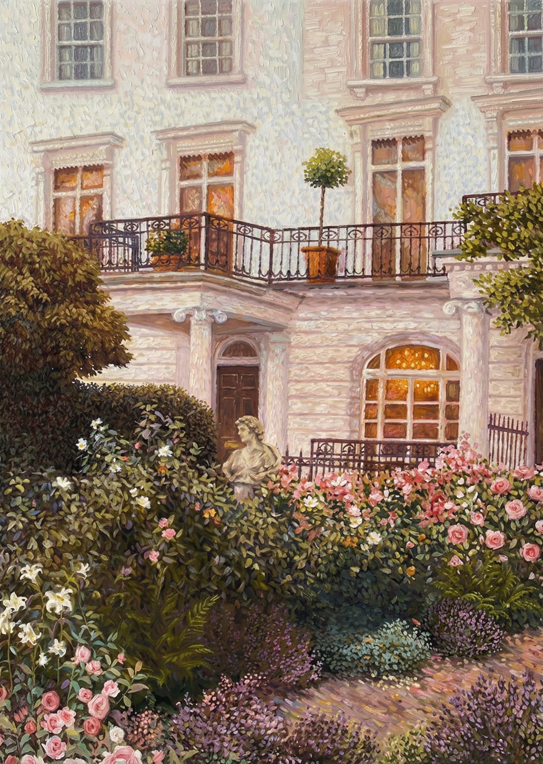 Romantic European Townhouse & Floral Garden Hand-Painted Oil Painting | casso - casso