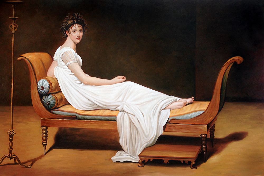 Classic portrait oil painting of Madame Récamier by Jacques-Louis David, featuring a graceful female figure and elegant neoclassical furniture, perfect for sophisticated home decor.