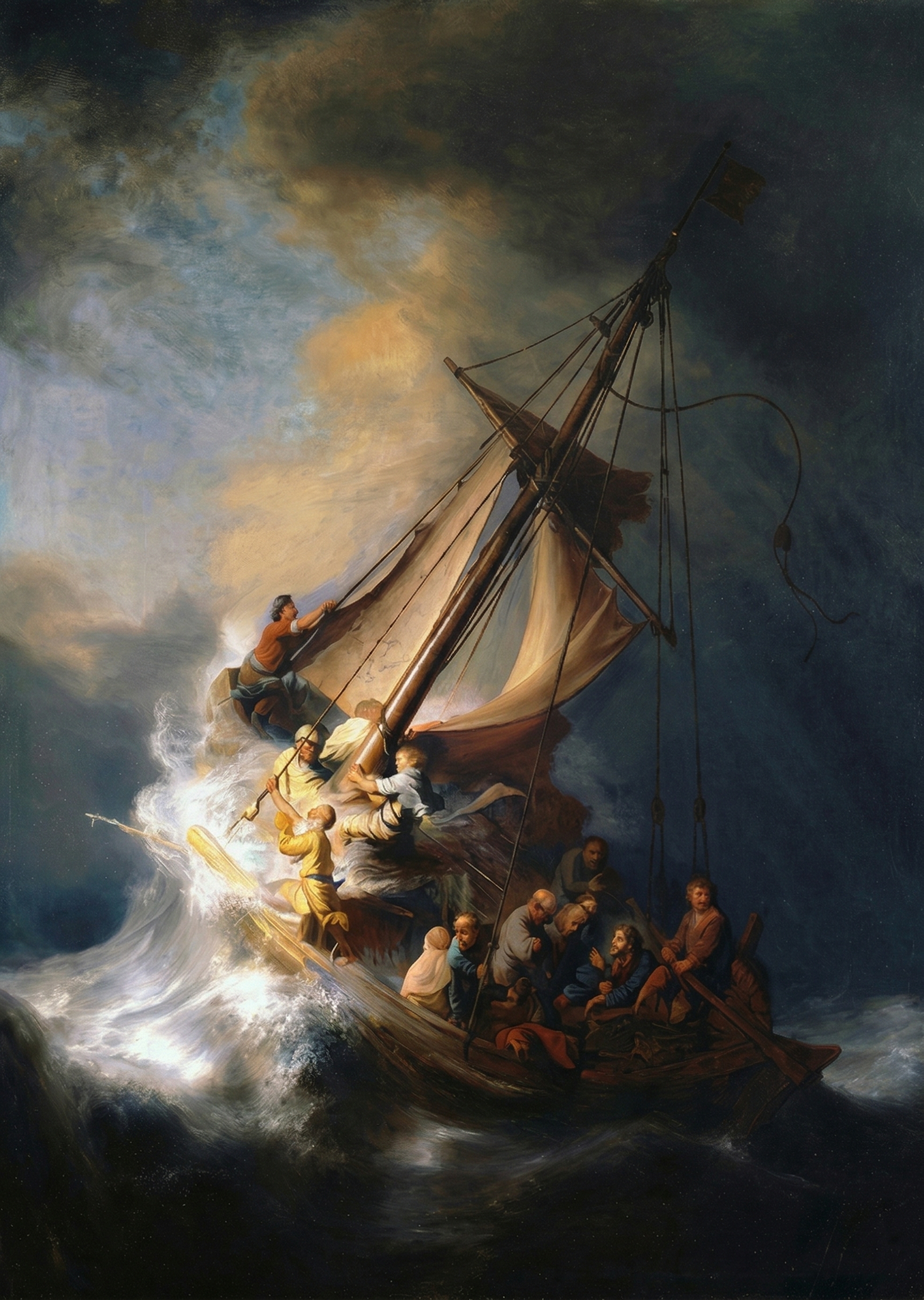 Dramatic classical oil painting of a sailing ship battling crashing waves in a dark stormy sea.