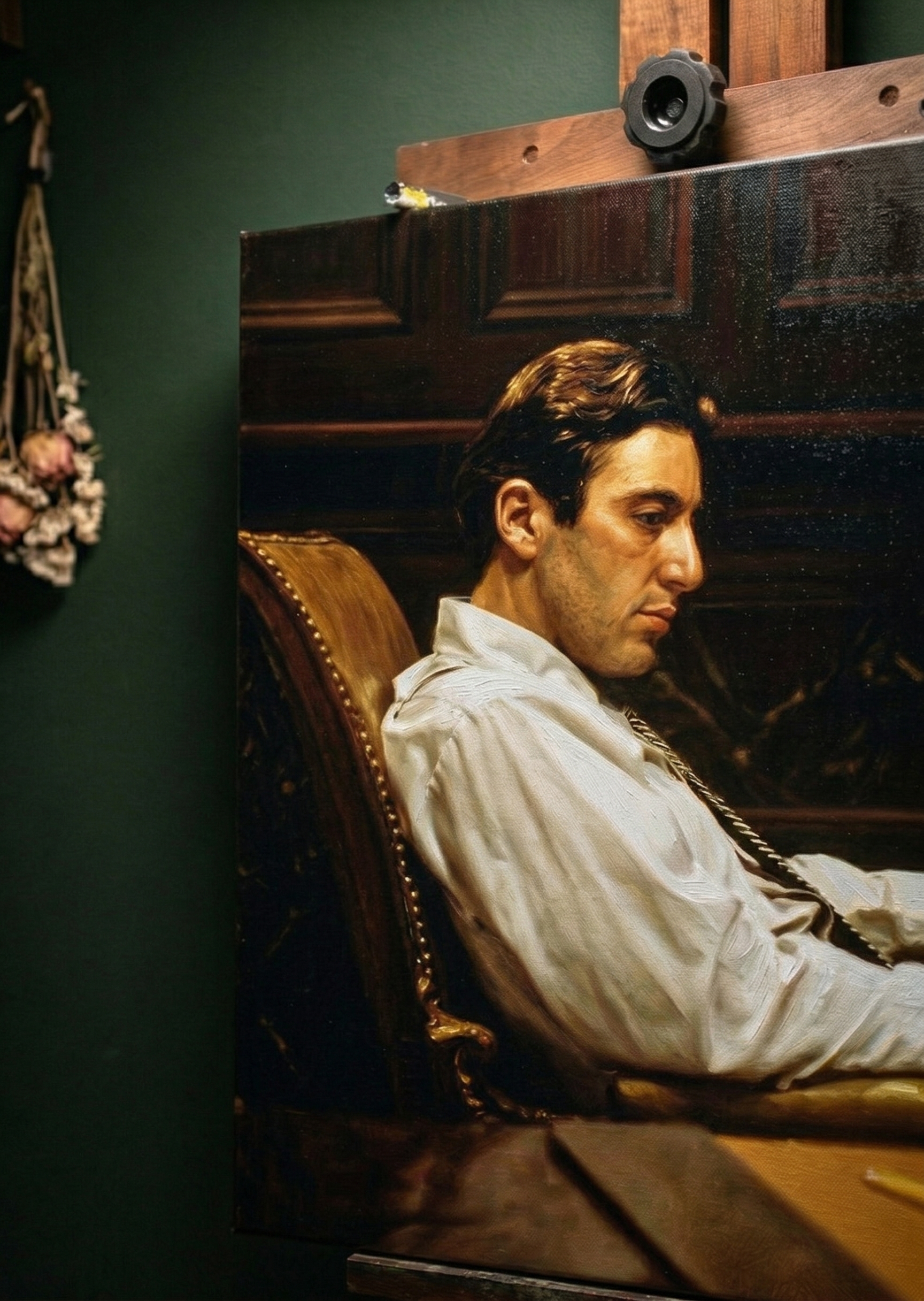 Shadows of Power: Hand-Painted Oil Portrait of a Reflective Man - casso - casso