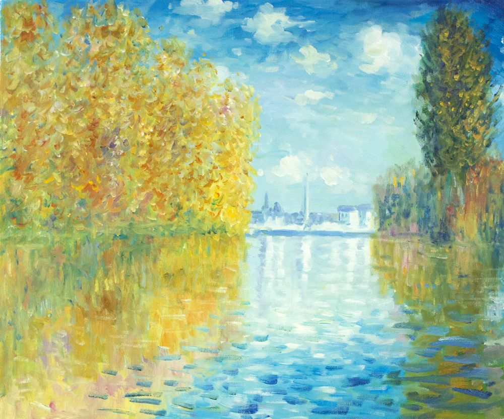Impressionist landscape painting of golden autumn trees reflecting on blue water