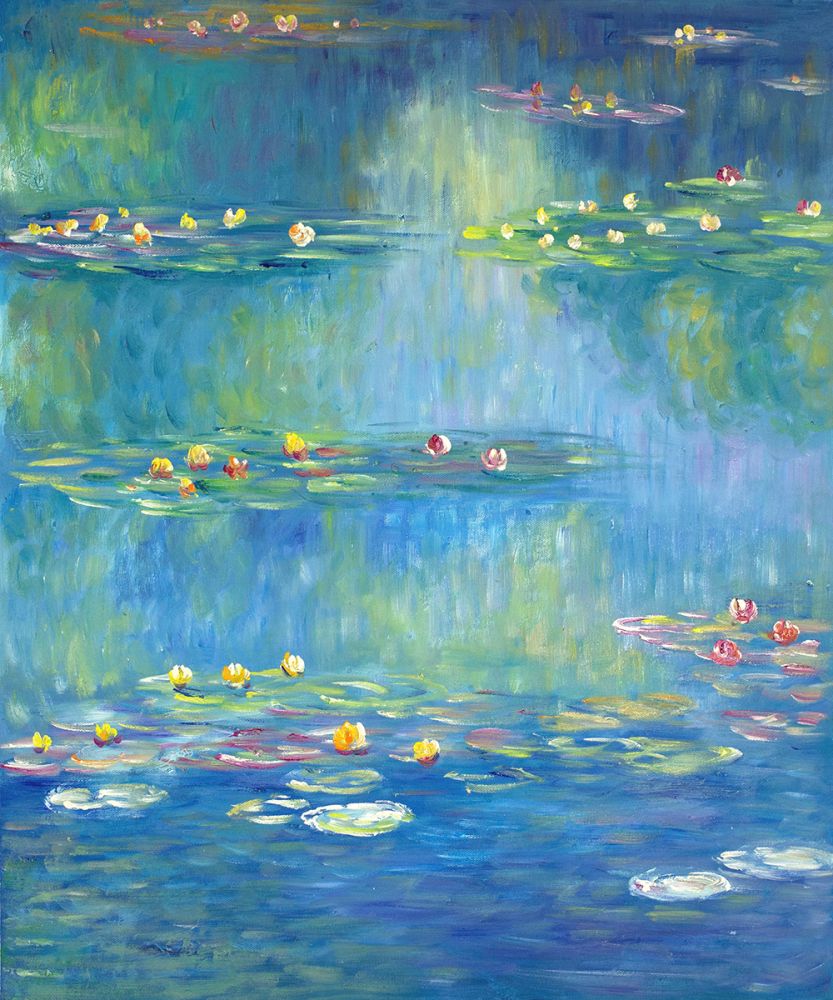 Impressionist water lily pond oil painting in shades of blue and green.