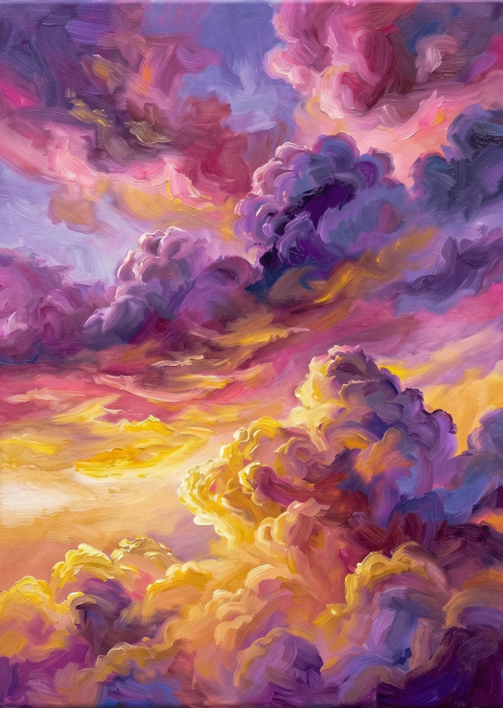 Vibrant sunset cloud canvas wall art featuring purple, pink, and golden hues.