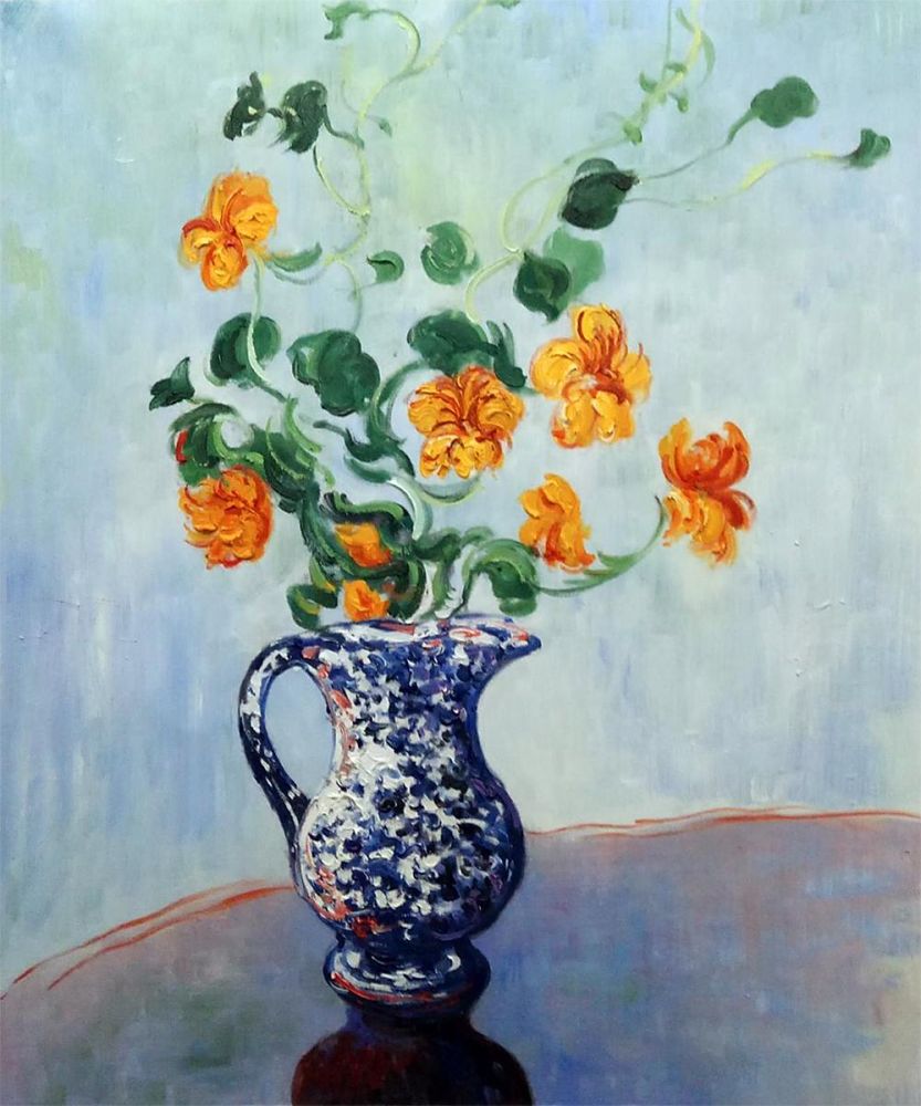 Impressionist oil painting of bright orange flowers in a blue and white patterned chinoiserie pitcher, soft blue background floral still life.