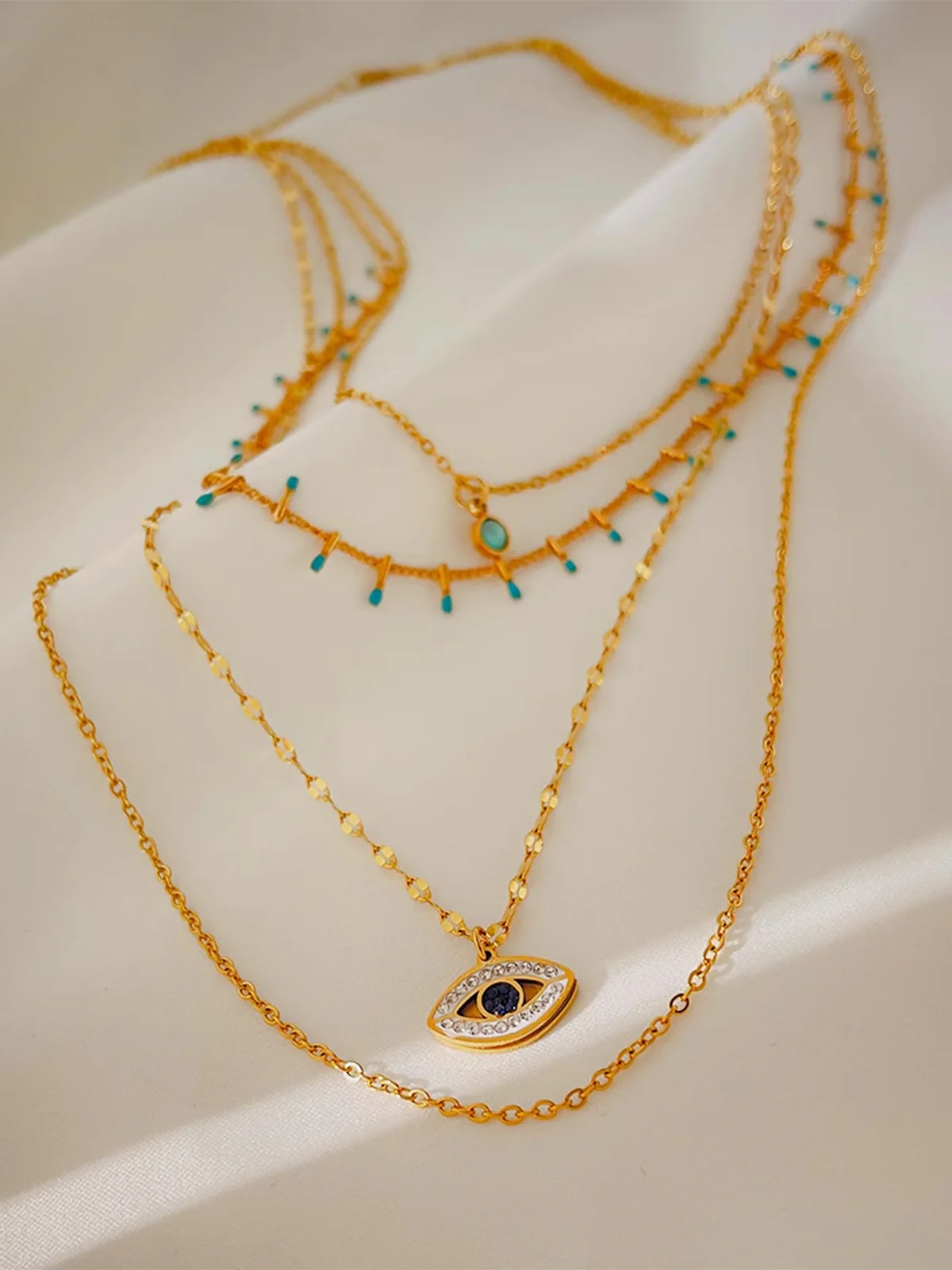 Multi-Layer Rhinestone Evil Eye Pendant Necklace