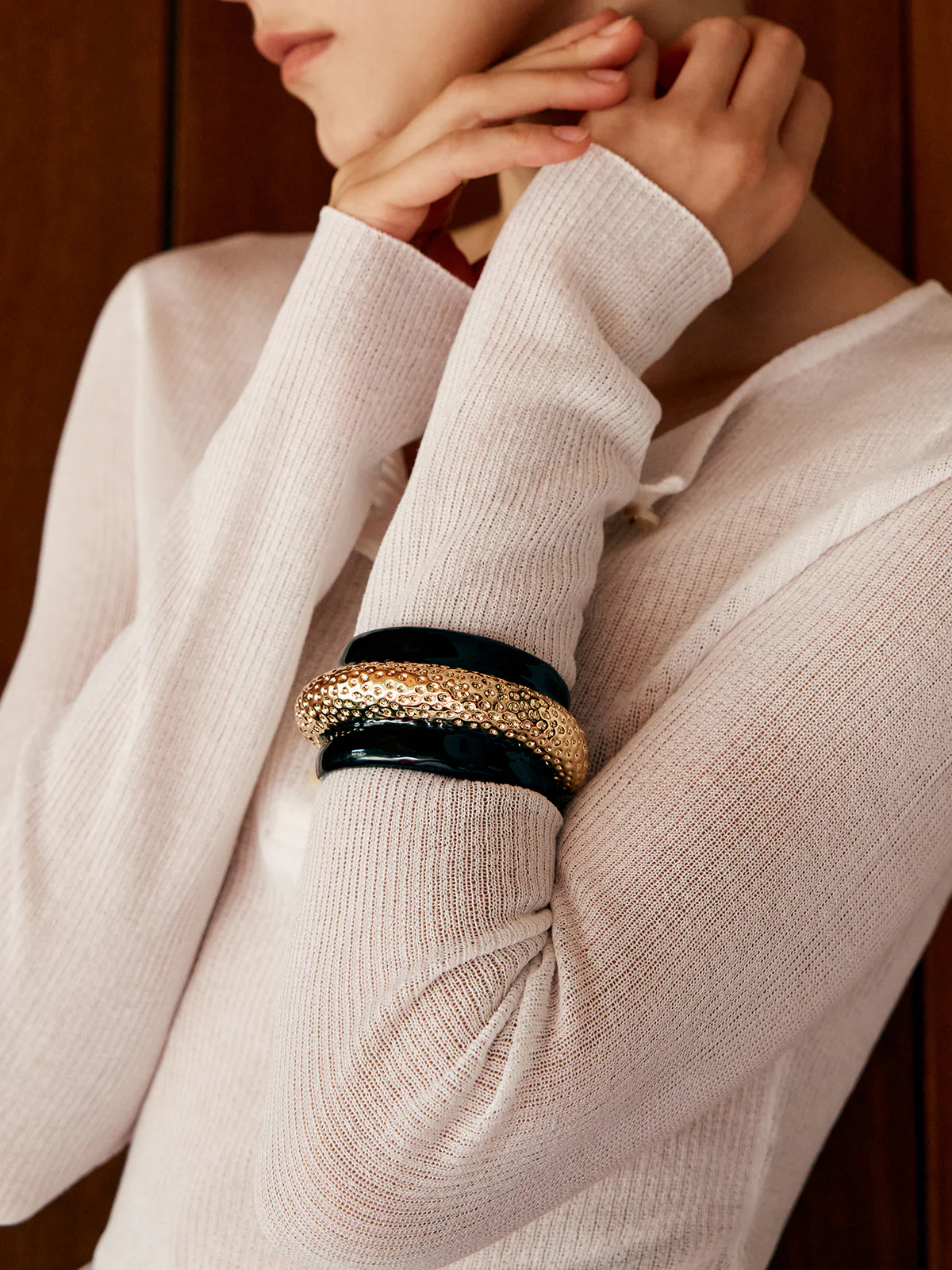 Two Tone Wide Hammered Bracelet