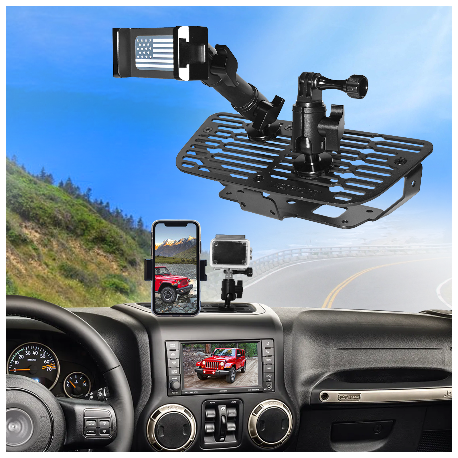 WXRYLYN 2011-2018 Wrangler JK Pure Metal Dash Phone Mount Phone Holder for 2011-2018 J eep Wrangler JL Metal Dash Platform Go P ro Phone Mount 2024 Wrangler Cell Phone Holder
