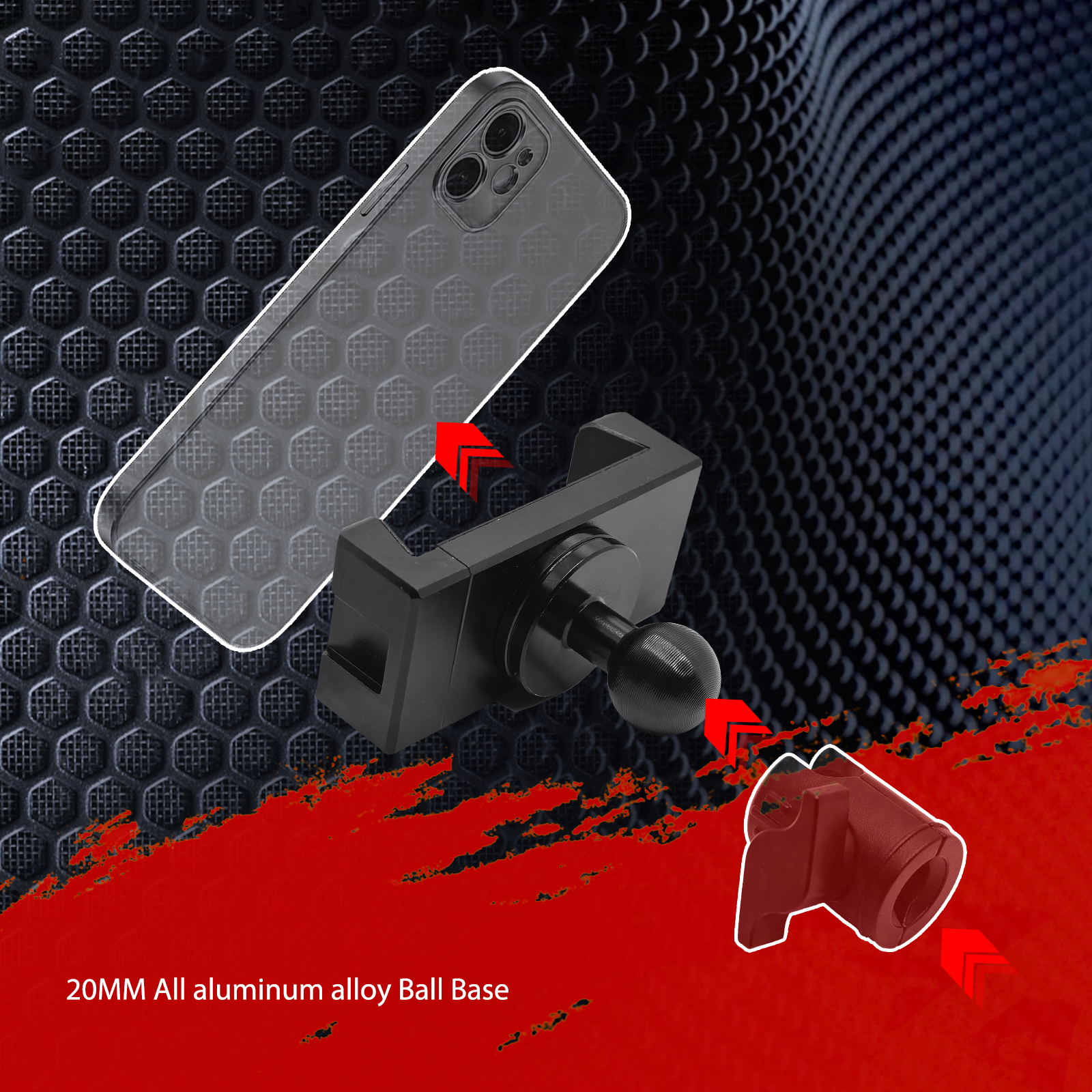 Dash Mount Cell Phone Holder with All Phones - 20mm Attachment Ball