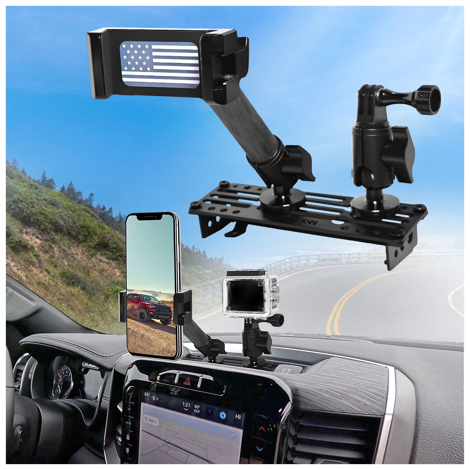 WXRYLYN 2024 2025 Ram Dash Mount Phone Holder for 2019-2025 Ram 1500 2500 3500 TRX Metal Dash Platform Phone Mount Go pr o Holder 2025 Ram Cell Phone Holder Dash Phone Mount