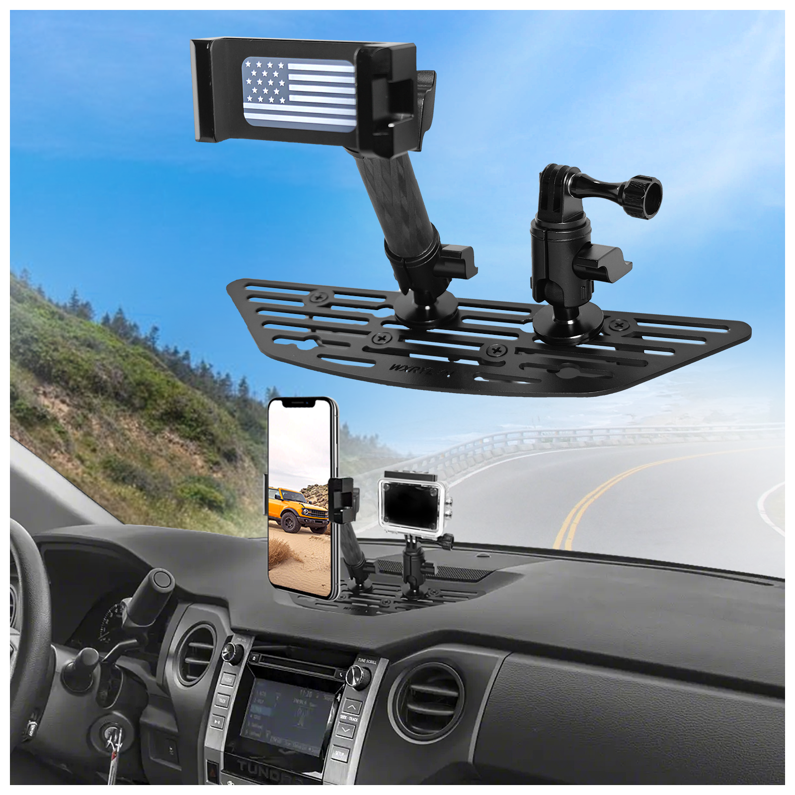 WXRYLYN 2014-2021 Tundra Metal Dash Platform Phone Mount Phone Holder for 2014-2021 Toyota Tundra Cell Phone Holder Dash Go pr o Mount Tundra Dash Mount Tray