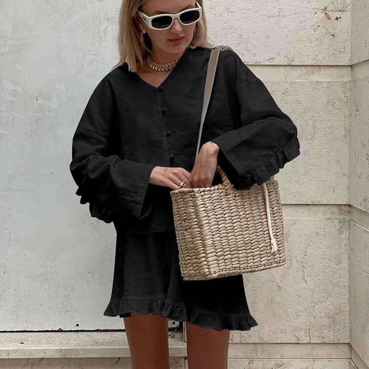 Customizable Fashion Beige Linen 2 Piece Sets Women Outfit Casual Loose Long Sleeve Shirts With High Waist Ruffle Shorts Set