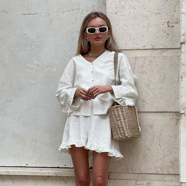 Customizable Fashion Beige Linen 2 Piece Sets Women Outfit Casual Loose Long Sleeve Shirts With High Waist Ruffle Shorts Set