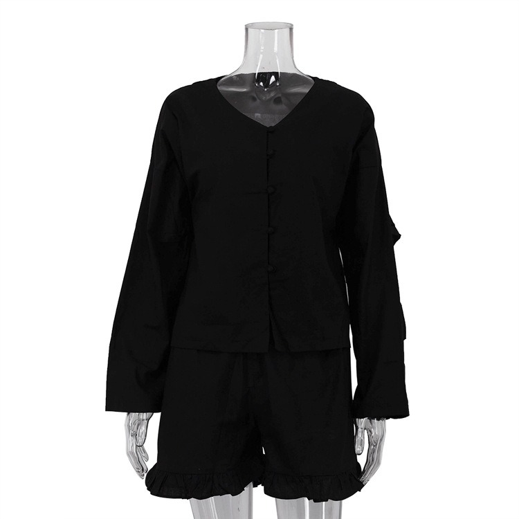 Customizable Fashion Beige Linen 2 Piece Sets Women Outfit Casual Loose Long Sleeve Shirts With High Waist Ruffle Shorts Set