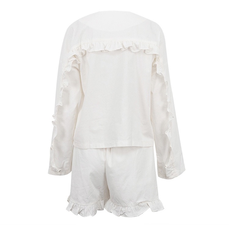 Customizable Fashion Beige Linen 2 Piece Sets Women Outfit Casual Loose Long Sleeve Shirts With High Waist Ruffle Shorts Set