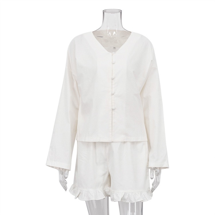 Customizable Fashion Beige Linen 2 Piece Sets Women Outfit Casual Loose Long Sleeve Shirts With High Waist Ruffle Shorts Set