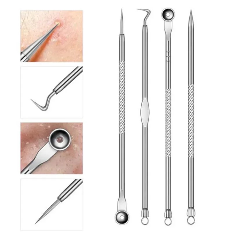 4pcs/Set Stainless Steel Blackhead Removal Kit Acne Blemish Pimple Extractor Remover Needles Cosmetic Face Cleaning Tool