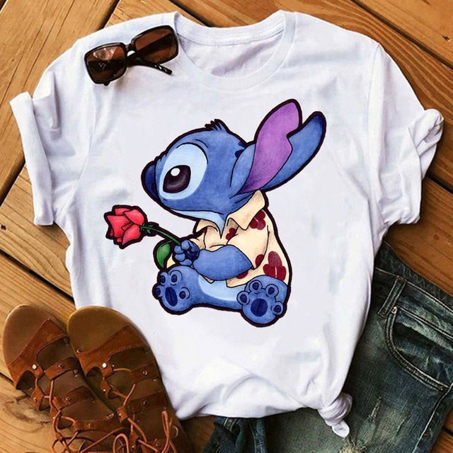 Cartoon Graphics Women T-Shirt Summer Tees Loose 90S Short Sleeve Blouses O-Neck Ladies White Y2K Tops