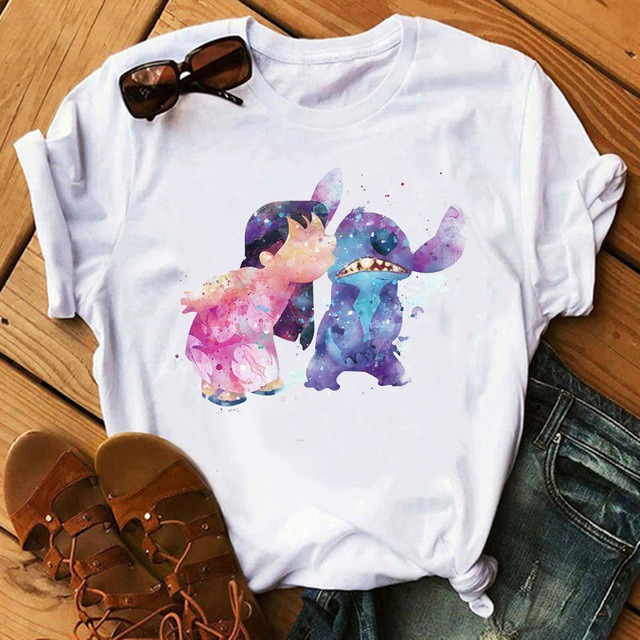 Cartoon Graphics Women T-Shirt Summer Tees Loose 90S Short Sleeve Blouses O-Neck Ladies White Y2K Tops