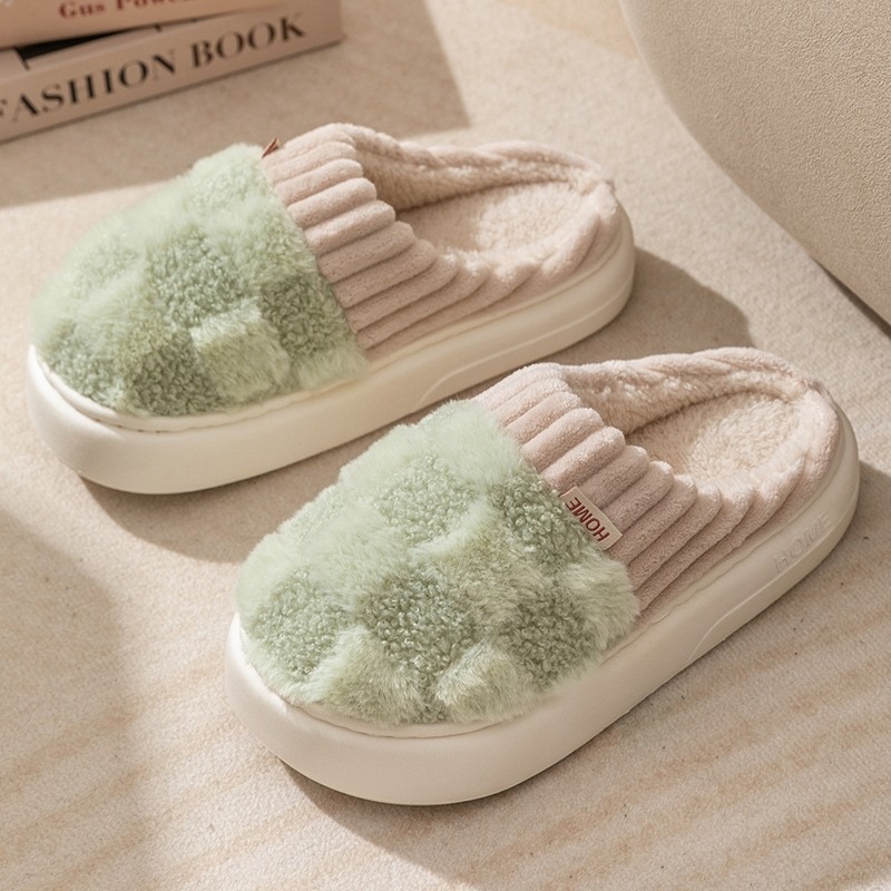 Fashion Couple Winter Slides Warm Plaid Fluffy Slippers Soft Sole Flip Flops For Women And Men Home Indoor Non-slip Cotton Shoes