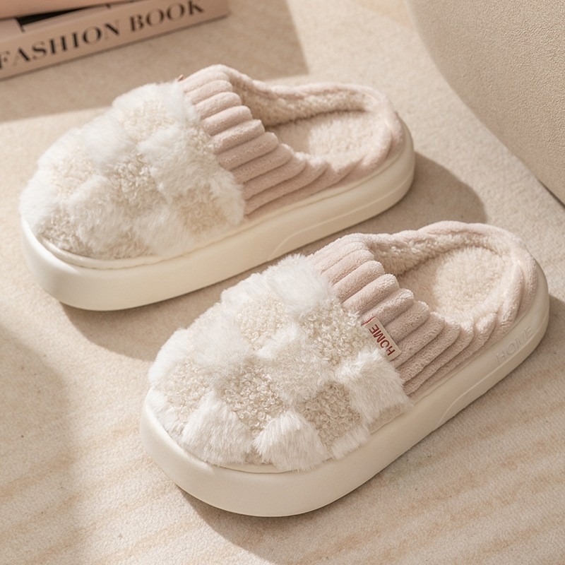 Fashion Couple Winter Slides Warm Plaid Fluffy Slippers Soft Sole Flip Flops For Women And Men Home Indoor Non-slip Cotton Shoes