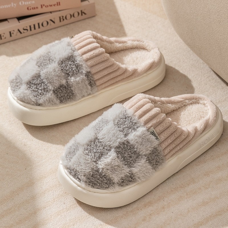 Fashion Couple Winter Slides Warm Plaid Fluffy Slippers Soft Sole Flip Flops For Women And Men Home Indoor Non-slip Cotton Shoes