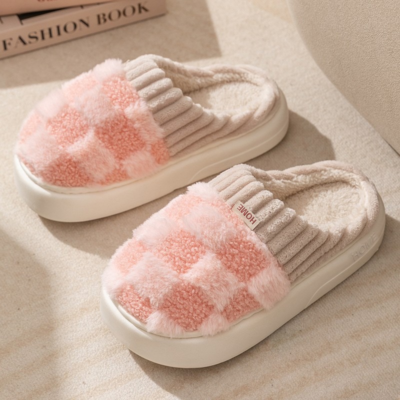 Fashion Couple Winter Slides Warm Plaid Fluffy Slippers Soft Sole Flip Flops For Women And Men Home Indoor Non-slip Cotton Shoes