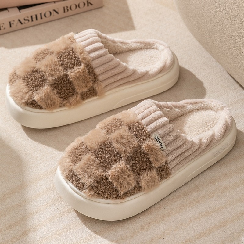 Fashion Couple Winter Slides Warm Plaid Fluffy Slippers Soft Sole Flip Flops For Women And Men Home Indoor Non-slip Cotton Shoes
