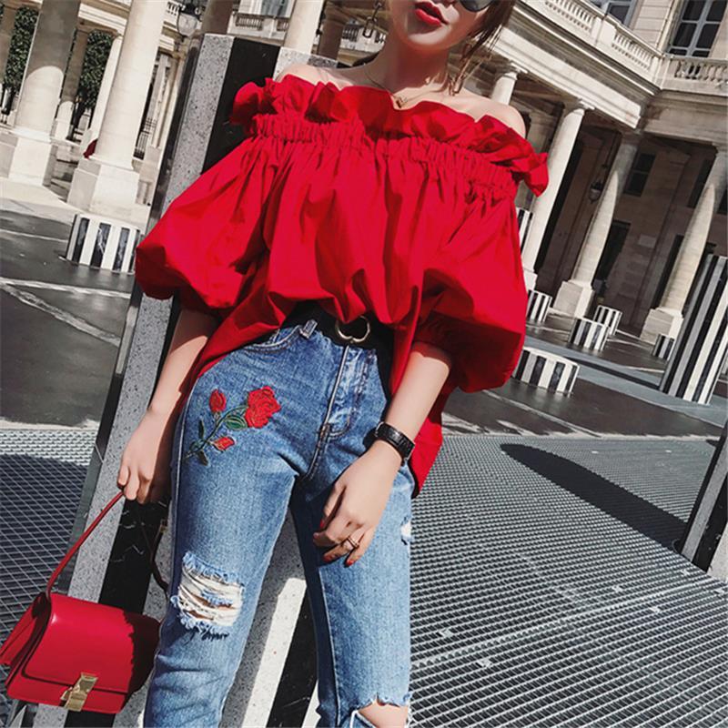 Women Korean Ruffles Off Shoulder Tee Top Puffy Sleeves Red Chiffon Blouse Female Oversize Casual Shirt Lady Chic New WCS602033