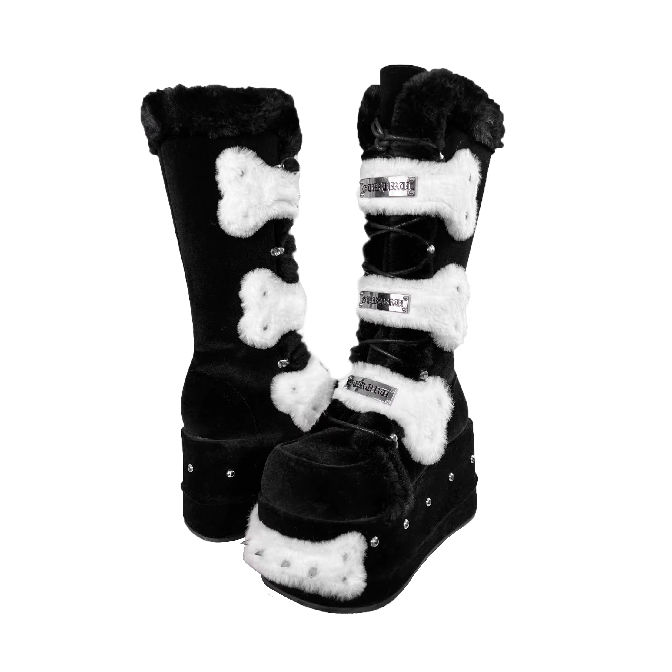 Womens Goth Boots with Bone Shape Elements Mid Calf Boots Chunky High Heel Punk Goth with Warm Fur Platform Boots