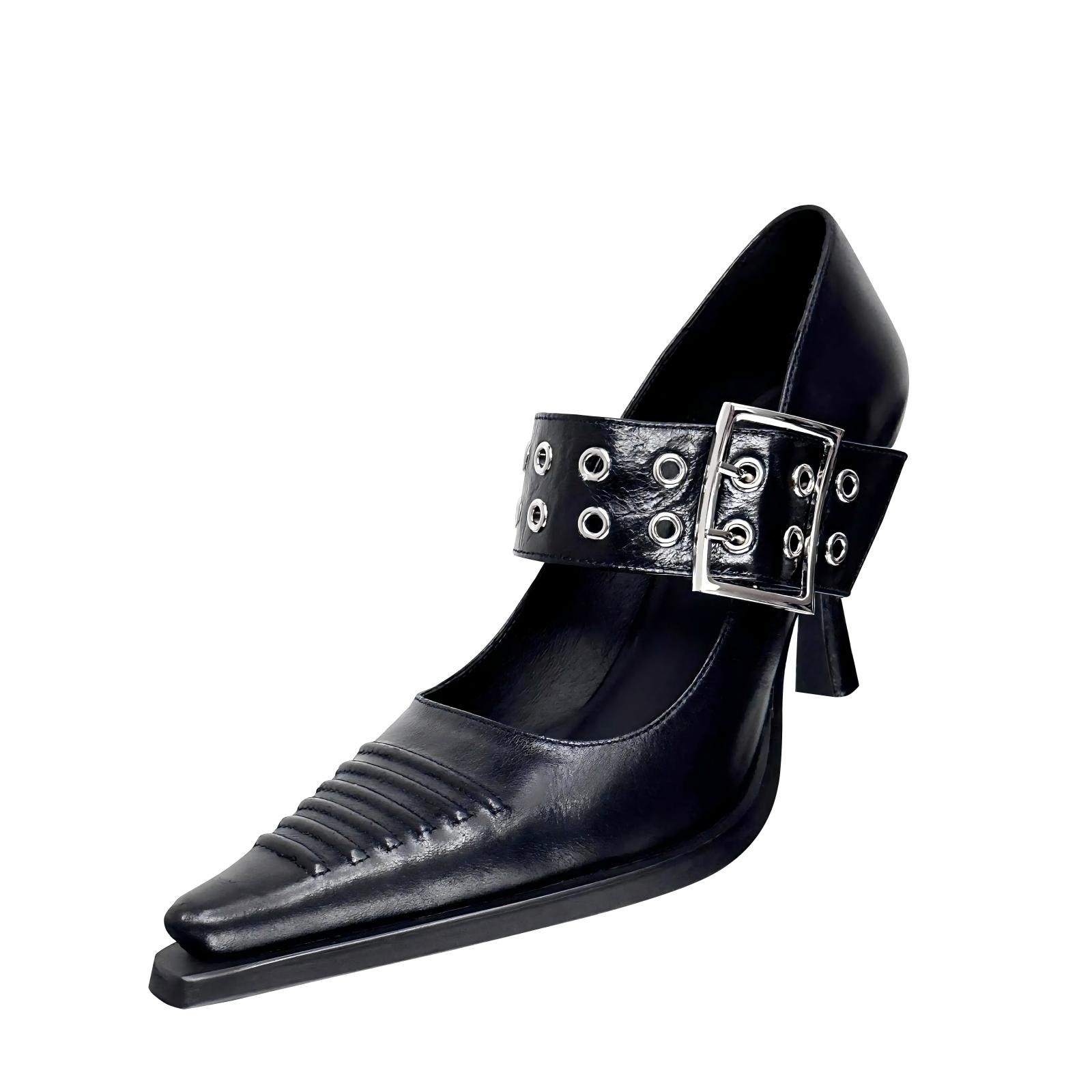 Goth Heels Buckle Shoes for Women Mary Jane Closed Pointed Toe High Heel Pumps Punk Heels