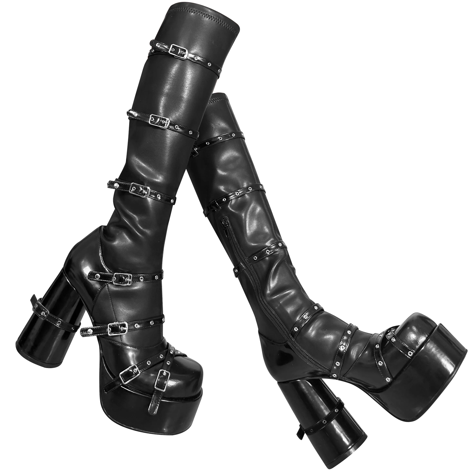 Womens Goth Boots Mid Calf Boots Chunky Heel Boots for Women Goth Platform Boots Stretch Boots