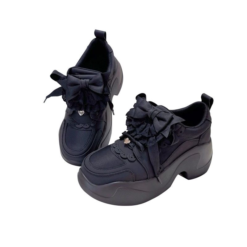 Jirai-kei Original Y2K Lace Bow Sneakers - 4-Way Customizable (Ribbon/Scallop Overlay) + Lycra Breathable Platform • Anti-Slip 7cm Sole