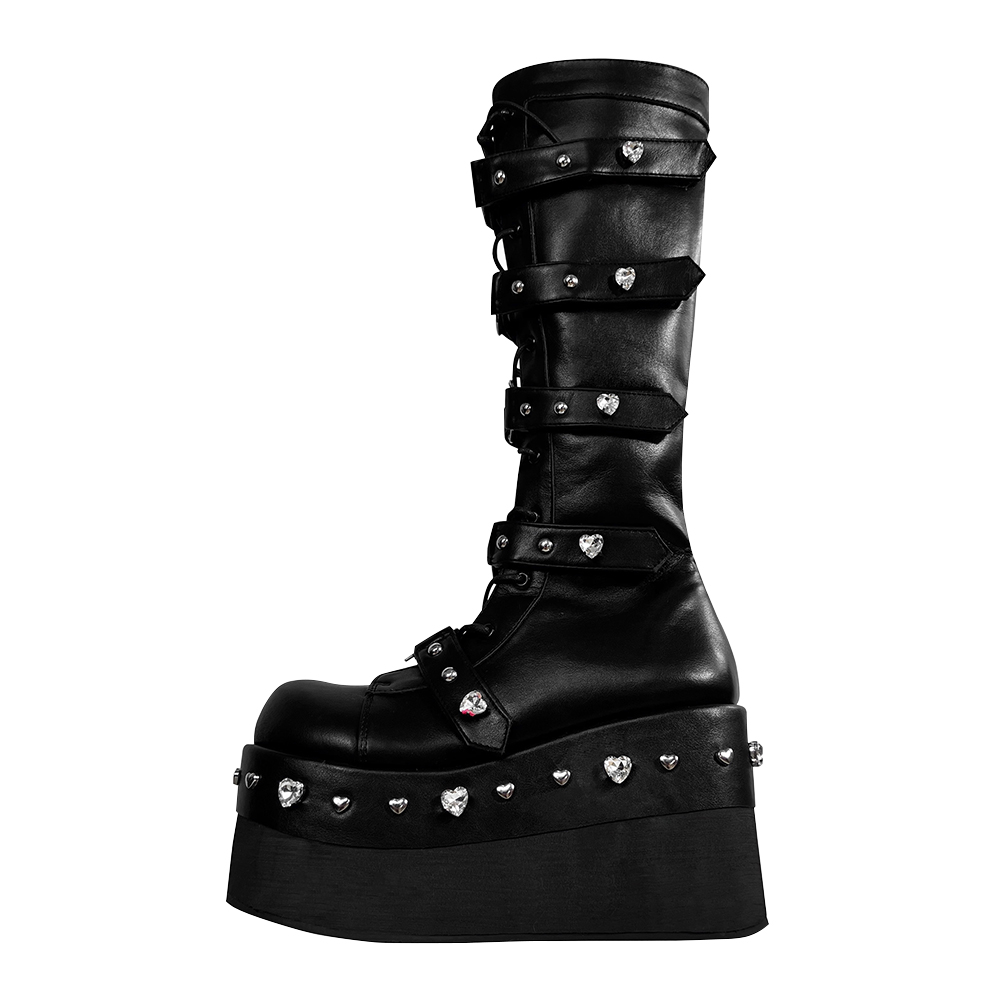Heartbreak Potion GURURU Original Subculture Y2K Spice Girls Thick Round Toe Diamonds Mid Calf Boots