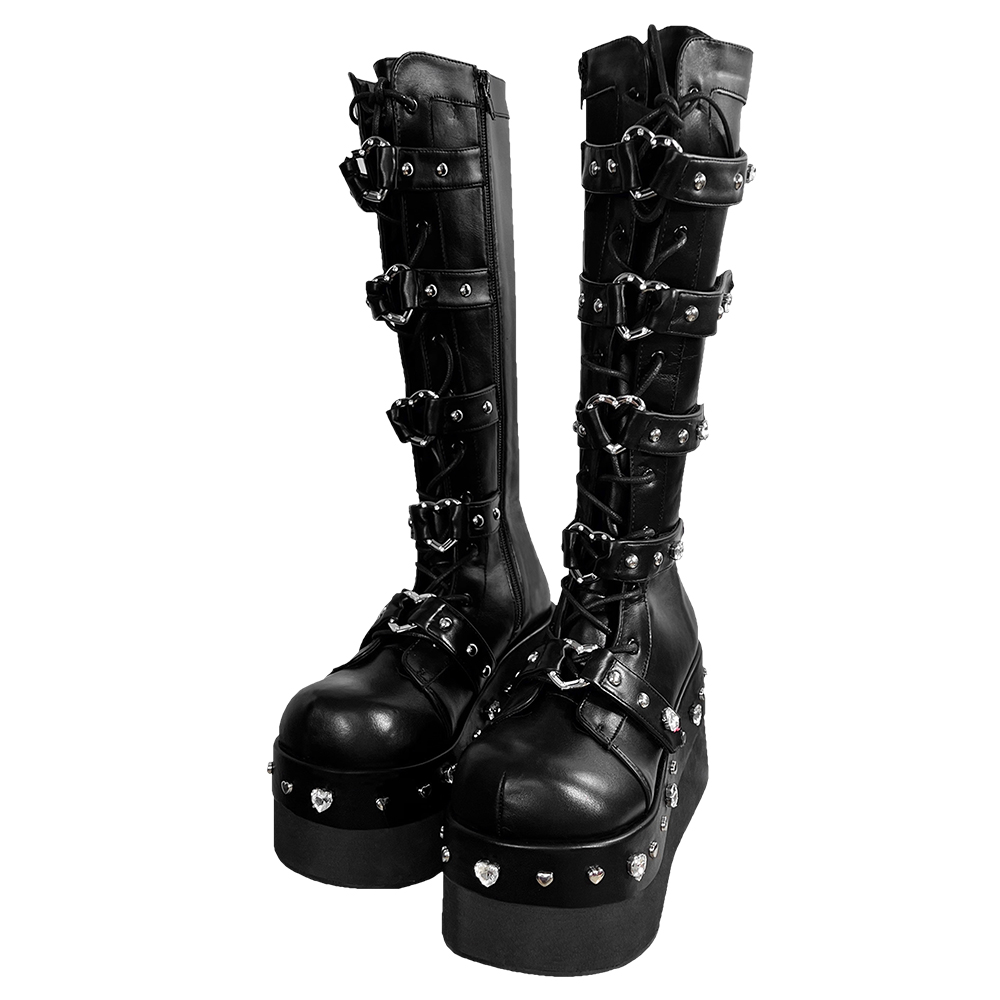 Heartbreak Potion GURURU Original Subculture Y2K Spice Girls Thick Round Toe Diamonds Mid Calf Boots