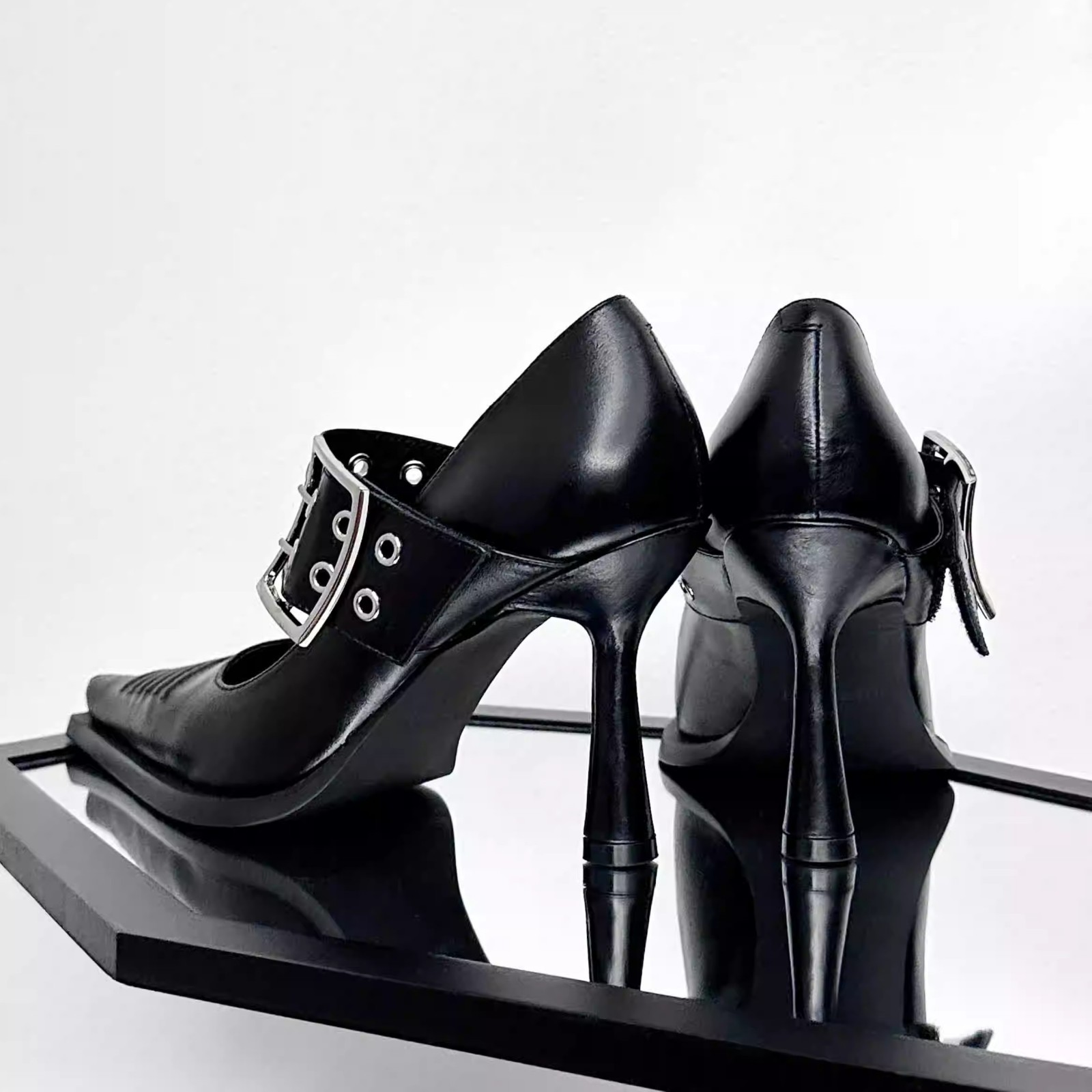 Goth Heels Buckle Shoes for Women Mary Jane Closed Pointed Toe High Heel Pumps Punk Heels