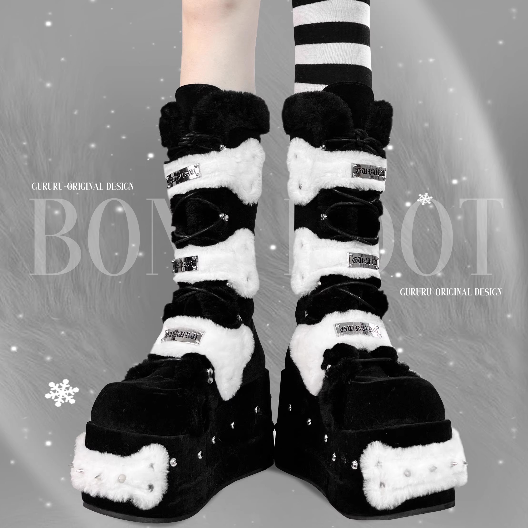 Womens Goth Boots with Bone Shape Elements Mid Calf Boots Chunky High Heel Punk Goth with Warm Fur Platform Boots