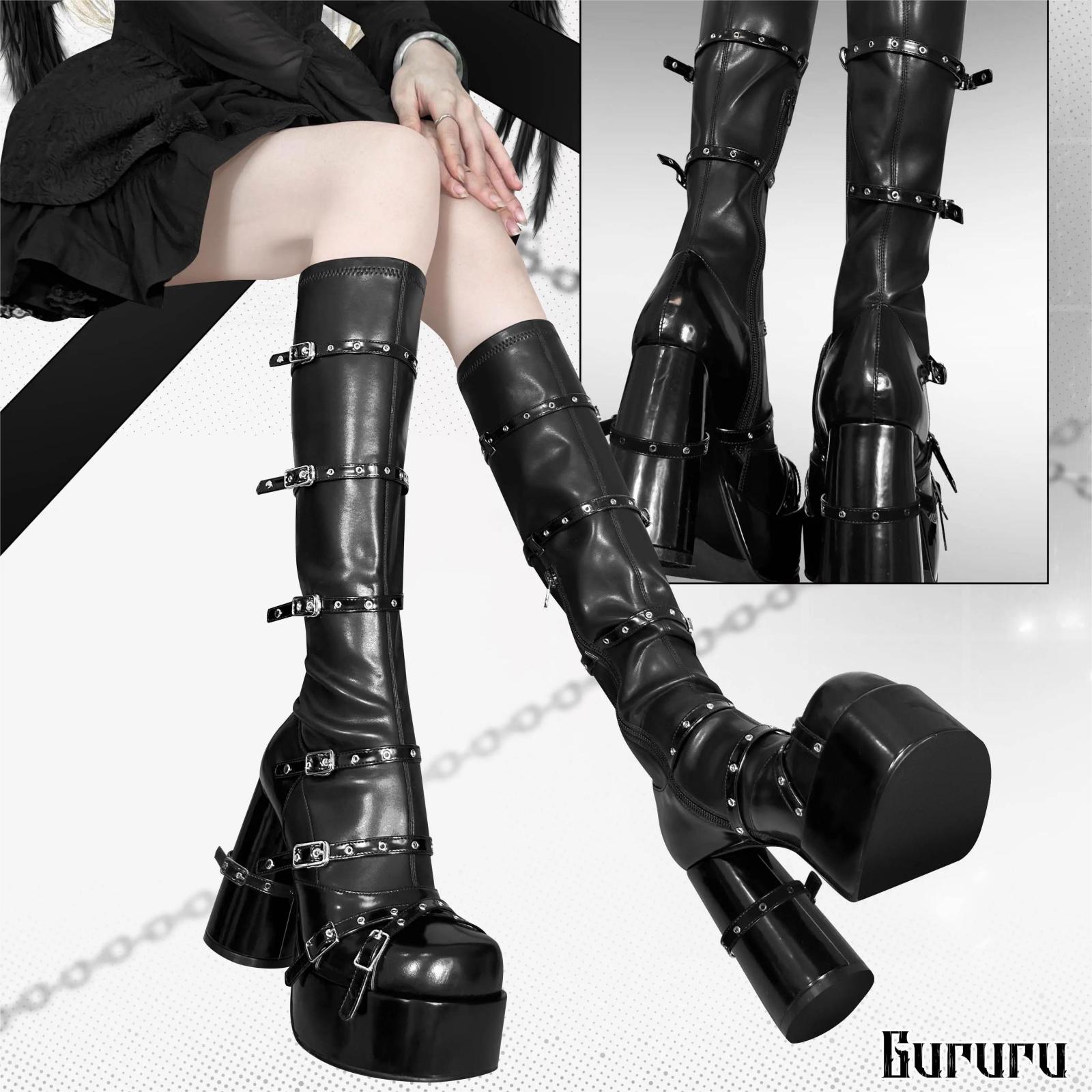 Womens Goth Boots Mid Calf Boots Chunky Heel Boots for Women Goth Platform Boots Stretch Boots