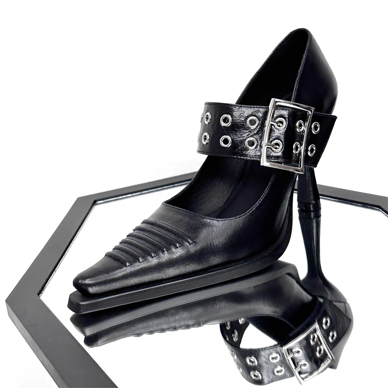 Goth Heels Buckle Shoes for Women Mary Jane Closed Pointed Toe High Heel Pumps Punk Heels