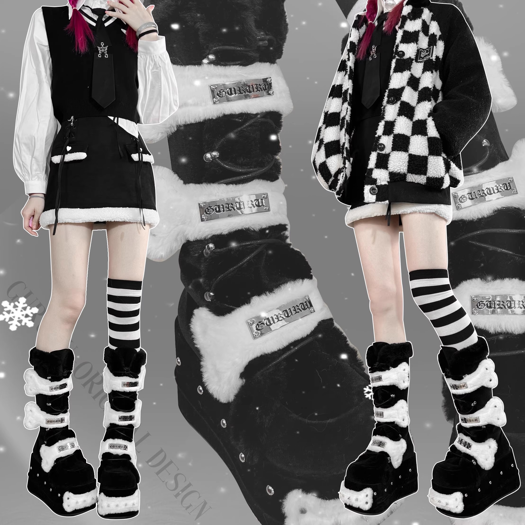 Womens Goth Boots with Bone Shape Elements Mid Calf Boots Chunky High Heel Punk Goth with Warm Fur Platform Boots