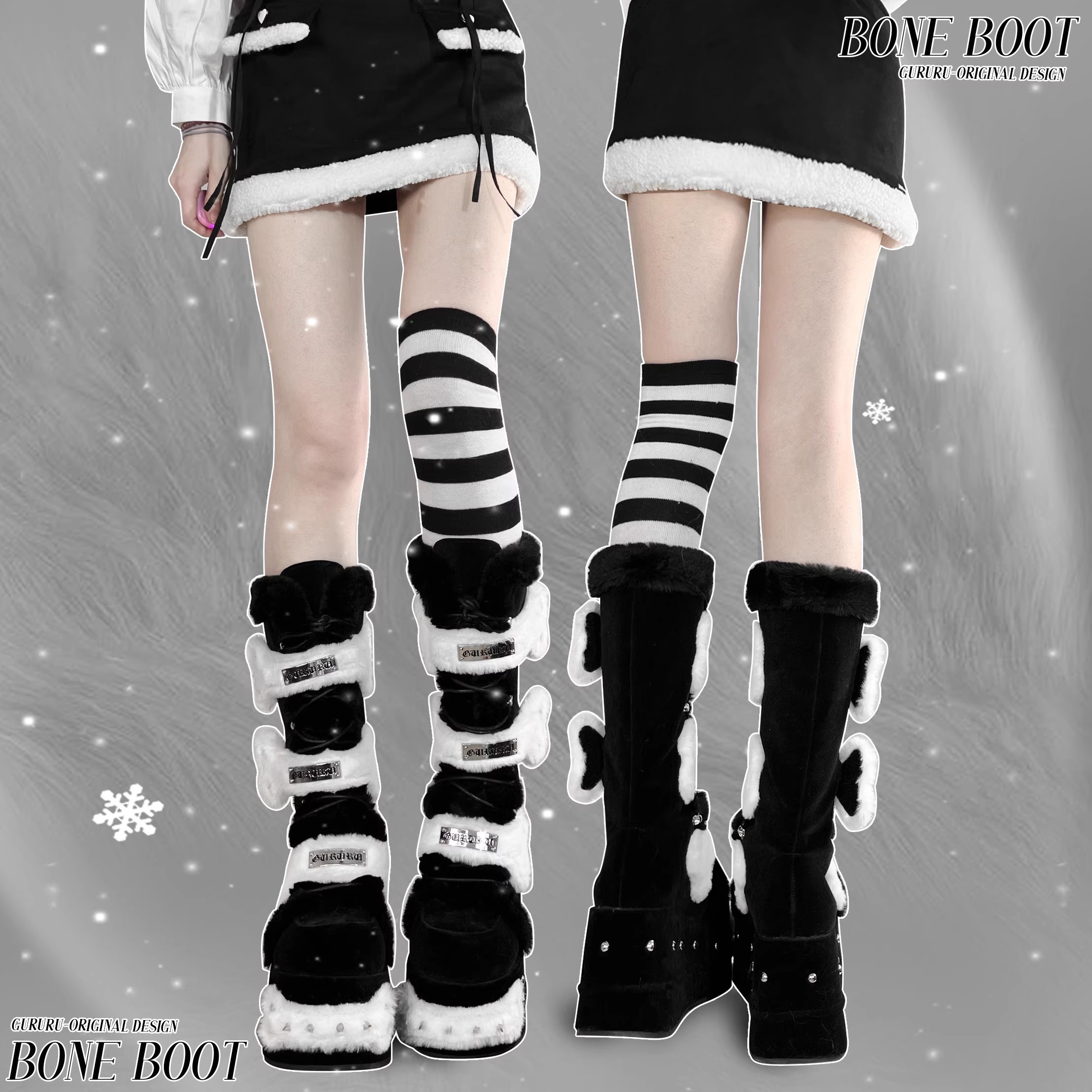 Womens Goth Boots with Bone Shape Elements Mid Calf Boots Chunky High Heel Punk Goth with Warm Fur Platform Boots