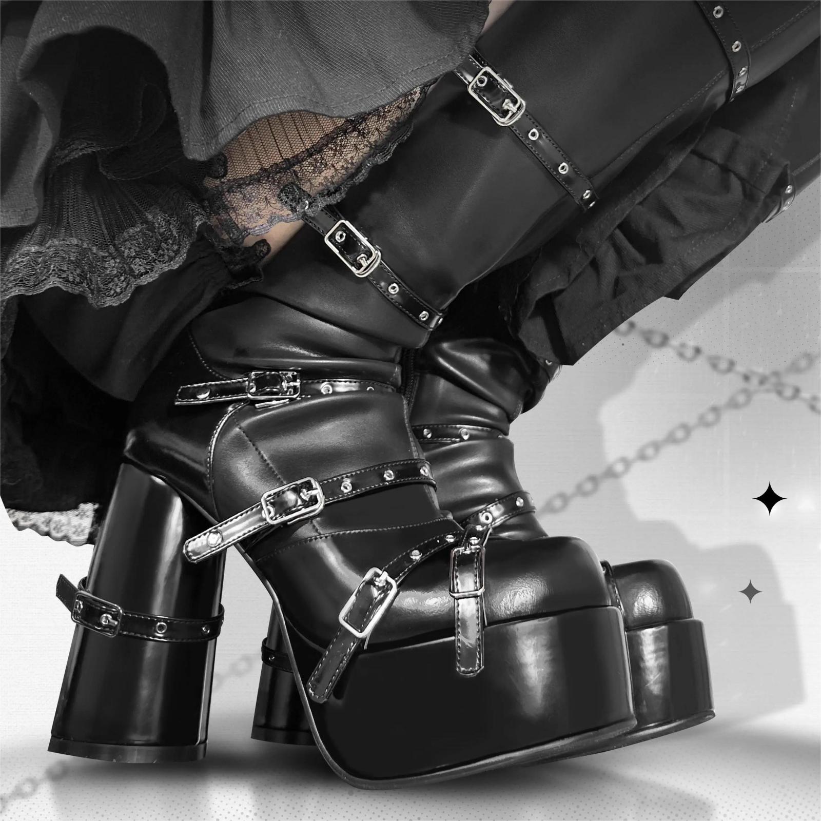 Womens Goth Boots Mid Calf Boots Chunky Heel Boots for Women Goth Platform Boots Stretch Boots